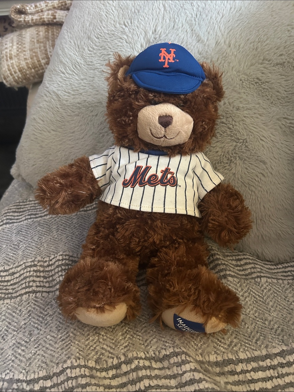 Build-A-Bear Brown Plush Bear with White Pinstripe Mets Jersey and Blue Cap